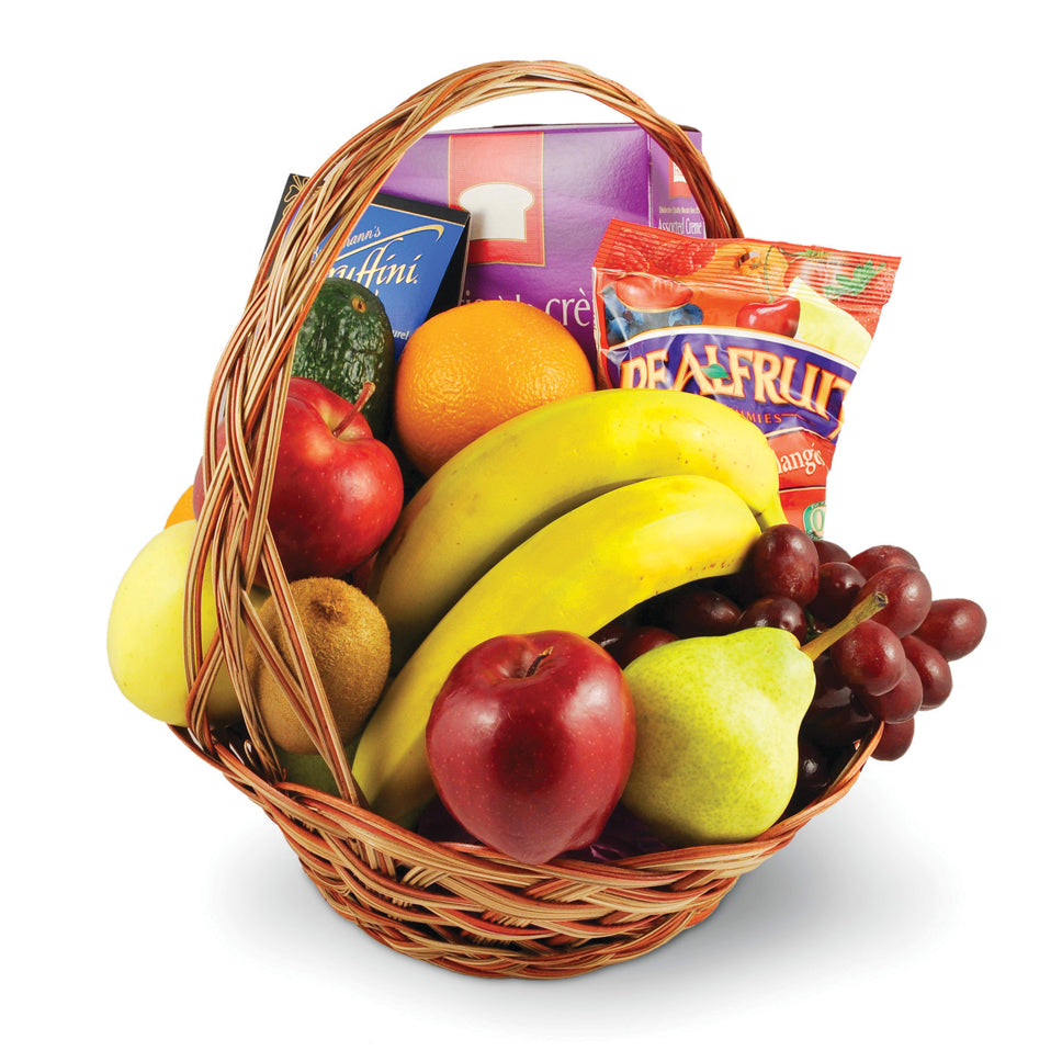 Fruit Basket. Sixteen pieces of assorted fruit and three additional snacks are carefully arranged in a basket.