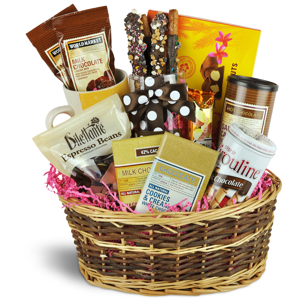 Chocolate Lovers Basket™. Treat them to chocolate-covered pretzels, chocolate bars, chocolate-covered nuts, and more. Items may differ from those pictured due to local availability.