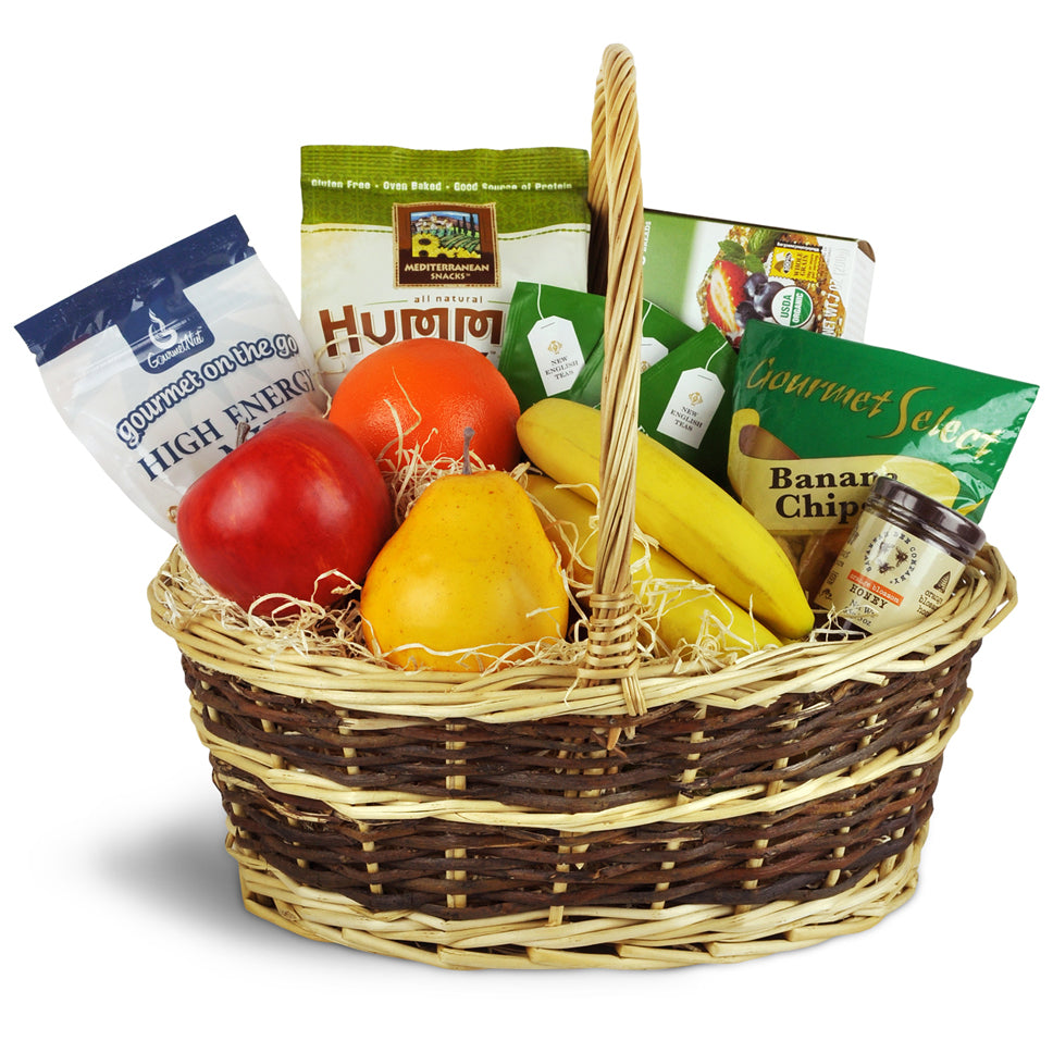 Health Nut Basket™. Assorted fruits are packaged with healthy snack foods such as dried fruit, nuts, crisps, and tea. Items may differ from those pictured due to local availability.