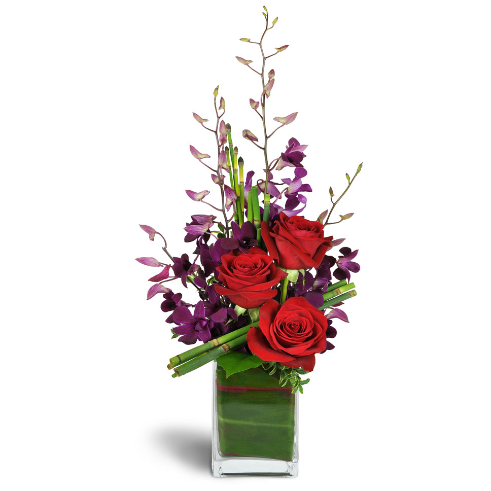 Elegant Vibrance™. Treat them to red roses and purple Dendrobium orchids artfully arranged with architectural horsetail and tropical greens.
