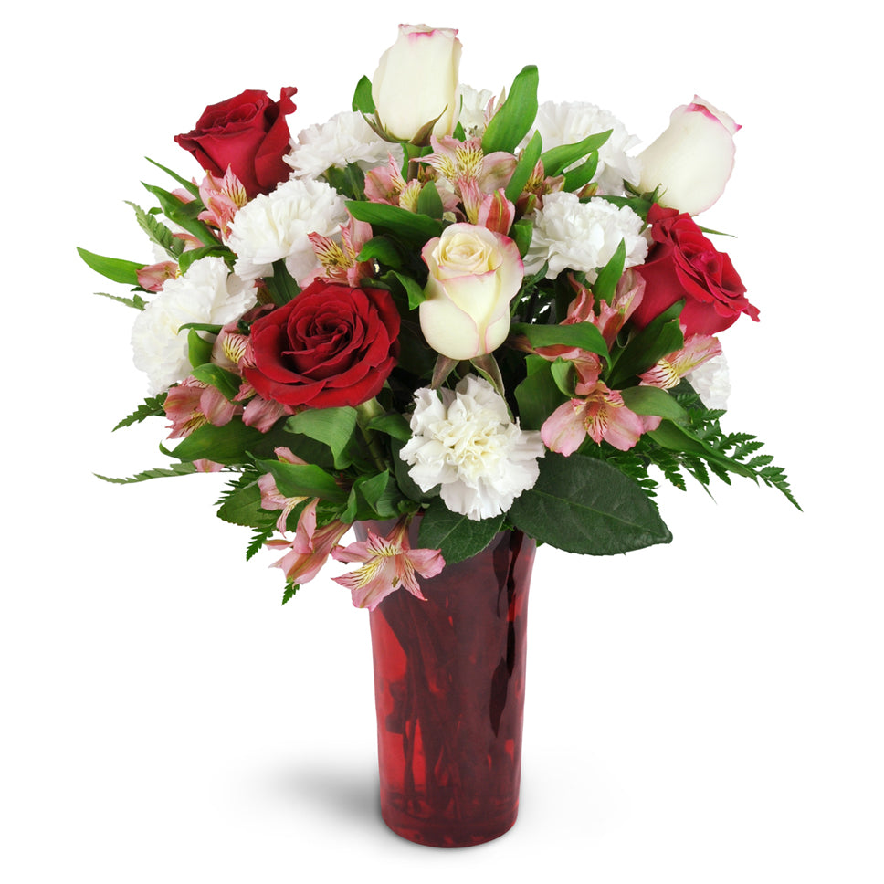 Romance of Roses™ - Standard. Give a stunning gift of red and cream roses arranged with carnations, alstroemeria, and more.