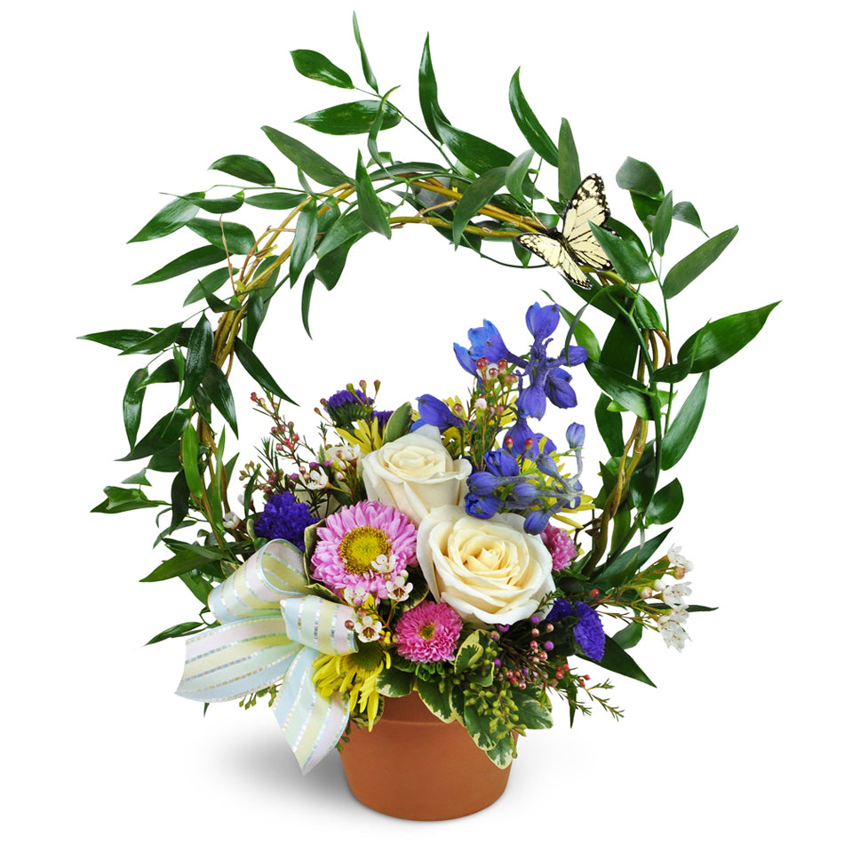 Love Grows™ Garden. Roses, delphinium, and more are carefully arranged in a terra cotta pot, topped with fresh ruscus and curly willow.