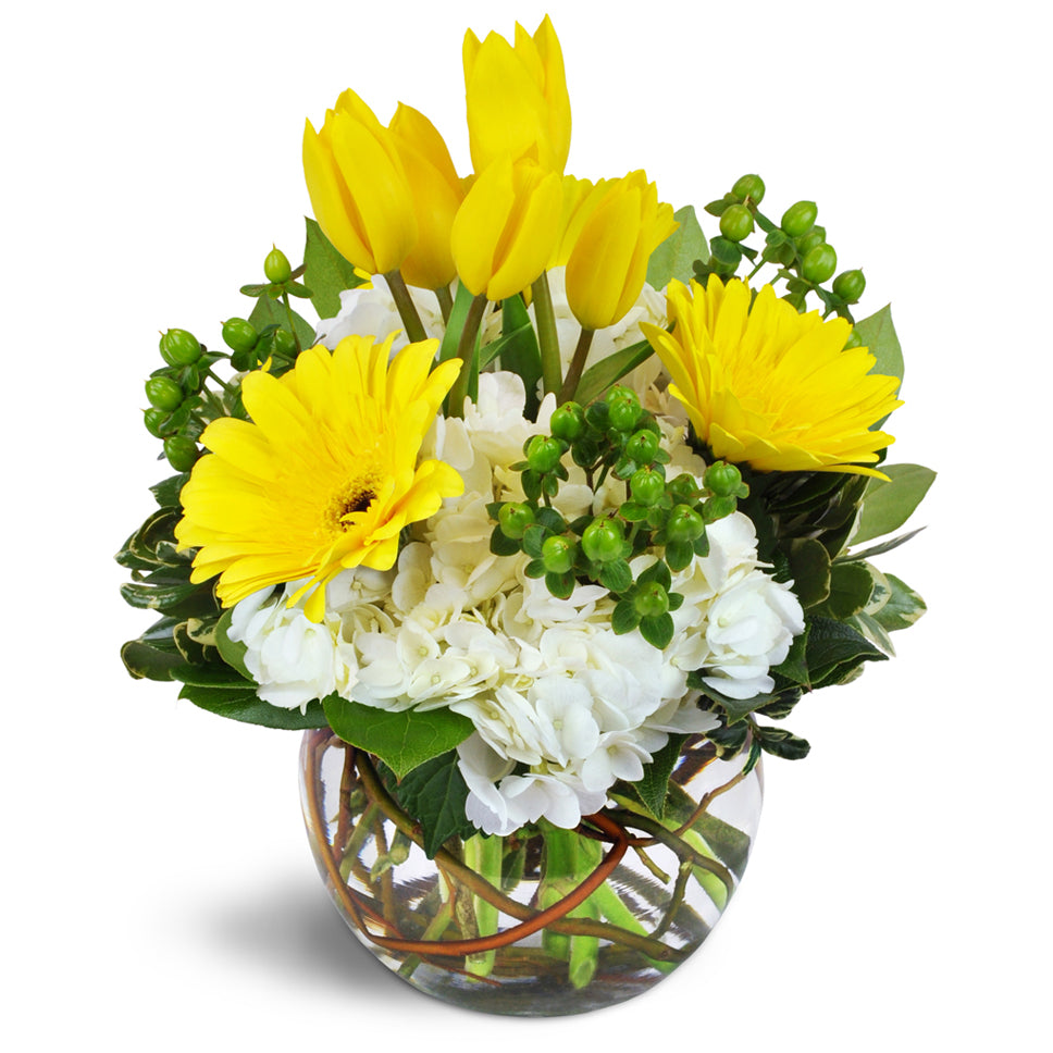 Summertime Fun™. Bright yellow tulips and Gerbera daisies are arranged with hydrangea, hypericum berries, and more.