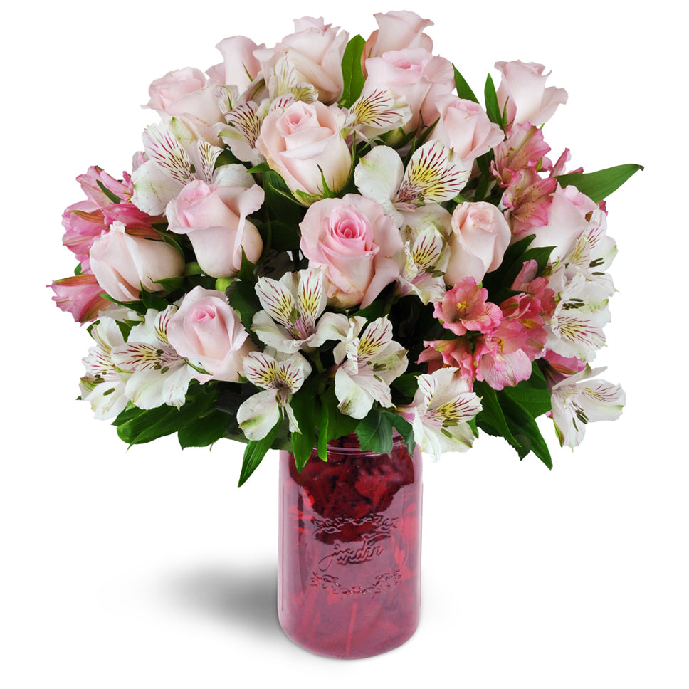 Blushing Love Bouquet - premium flower arrangement. Gorgeous pink roses and Peruvian lilies are delicately arranged into a stunning array of blooms.