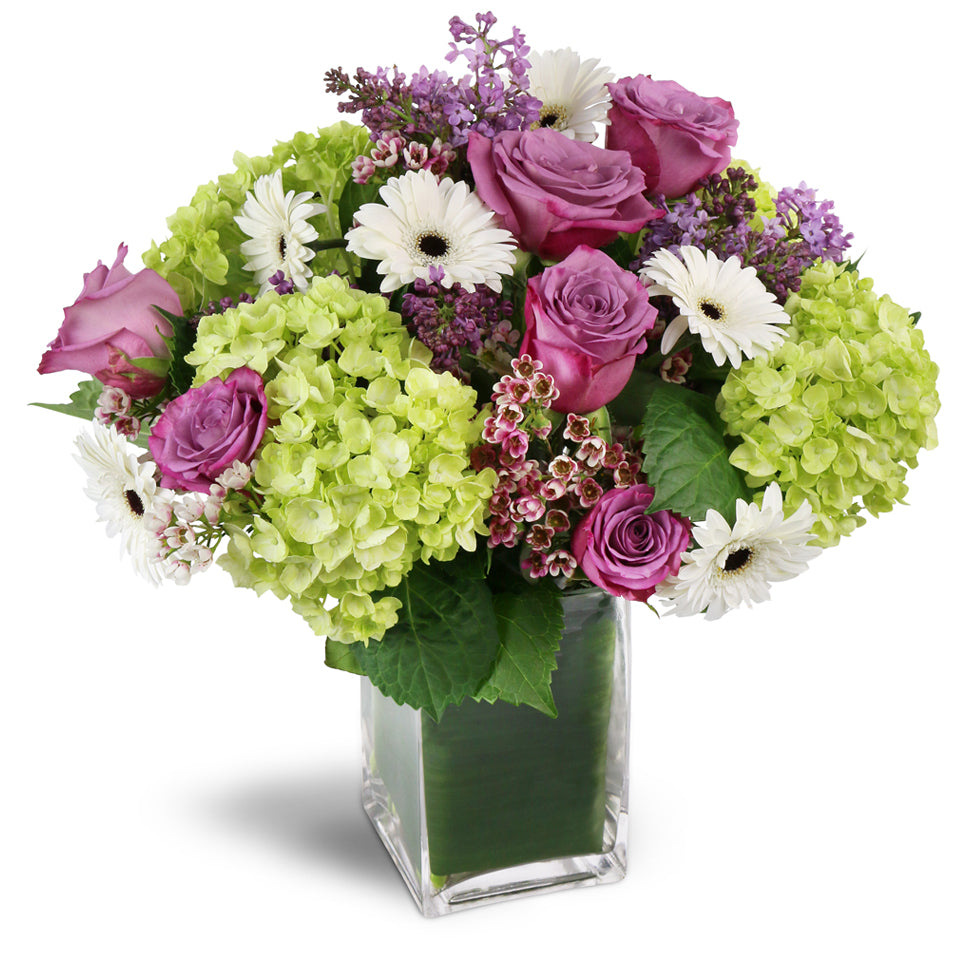 Sparking Joy™ - Premium. Green hydrangea, lavender roses, mini gerbera daisies, and more are sweetly arranged in a glass vase.