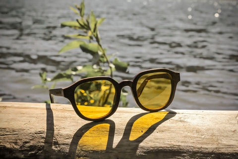 Yellow lensed sunglasses bamboo wood