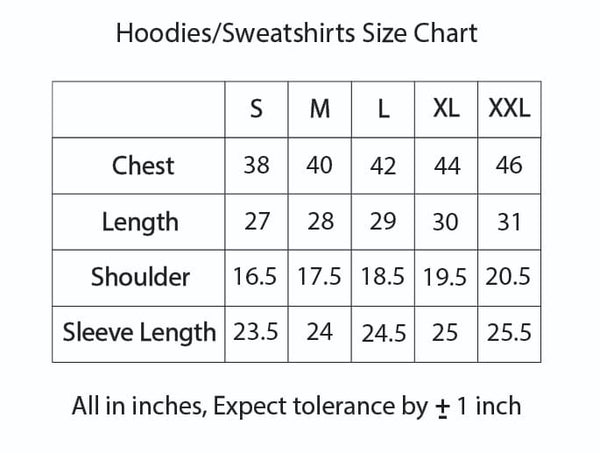 Hoodies and Sweatshirts Size Chart