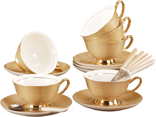 6.7 oz. Cups and Saucers Sets with Spoons Royal Golden Patterned Gold  3-Pieces Set Coffee Cup Teacups Porcelain Mugs