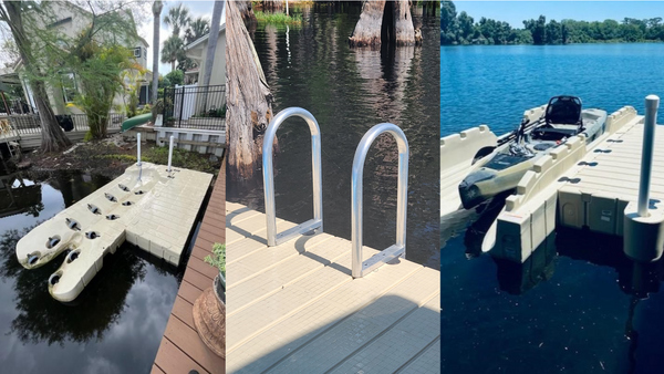 An EZ Port floating jet ski lift, a ladder add-on for an EZ Dock section, and a floating Kayak launch and port