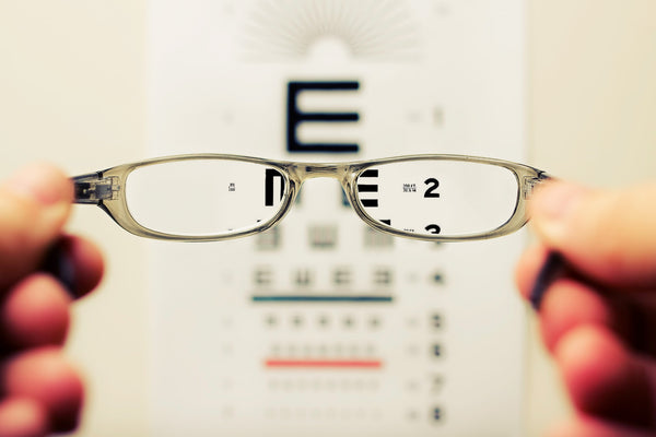 a pair of glasses being held in front of an eye test chart