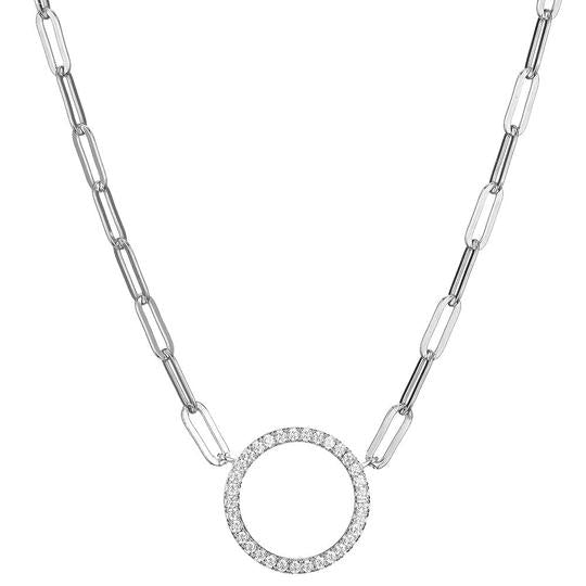 Sterling Silver Paperclip Necklace w/ CZ Studded Circle