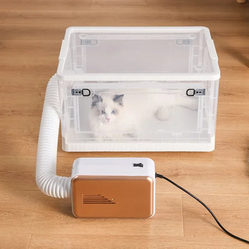 Pet  Blower Dryer Cage. This keeps animal in cage while Dryer blows in. It comes in Choice of 110 0r 220 volts.And the Pet Drying Box Comes in Choice of Small, Medium or Large