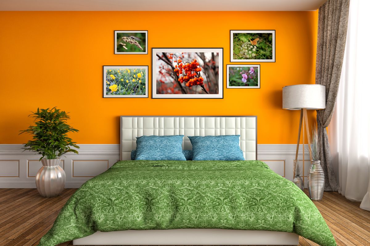 Yellow bedroom and green bed.