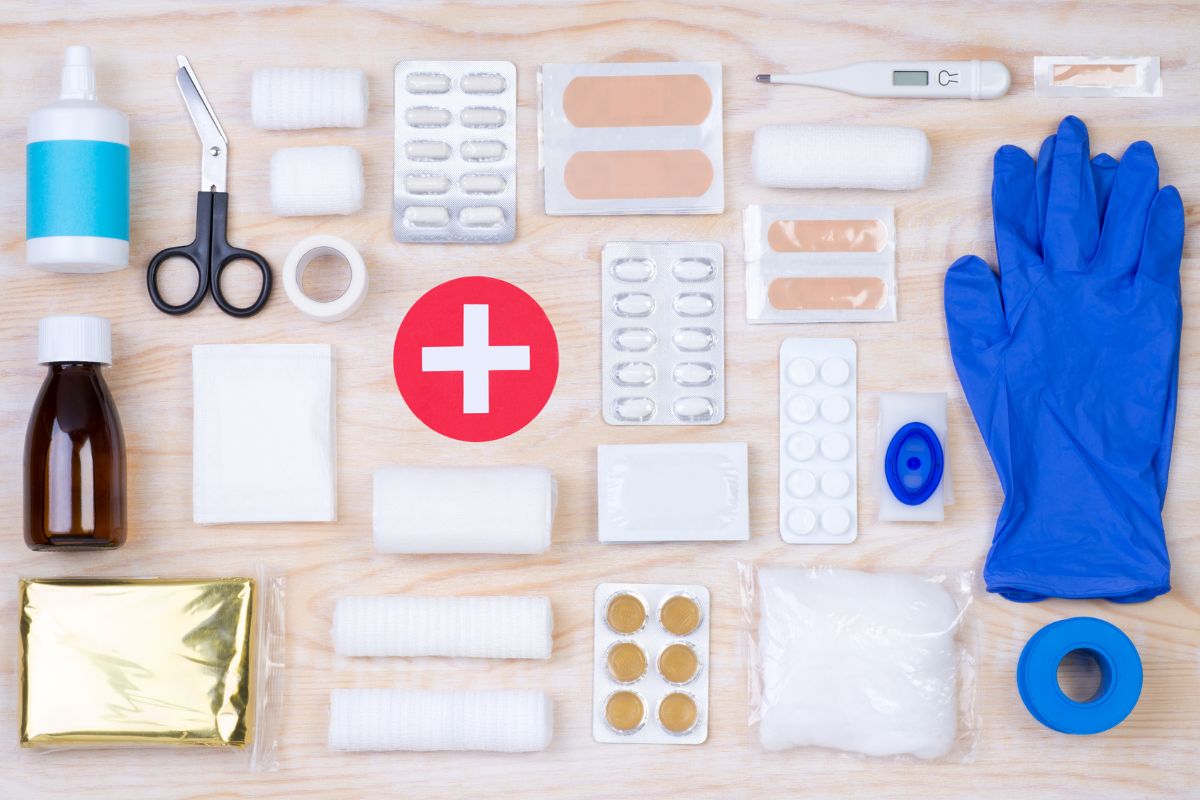 First aid kit, including everything you need for emergency care.