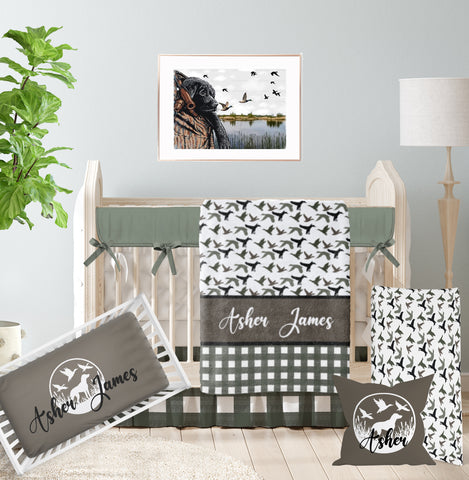 Dog and Duck Hunting Crib Bedding Set in Sage Green