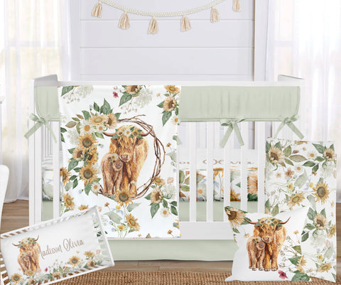 Sage green and Sunflower Highland Cow Crib Bedding Set for Baby Girl Nursery