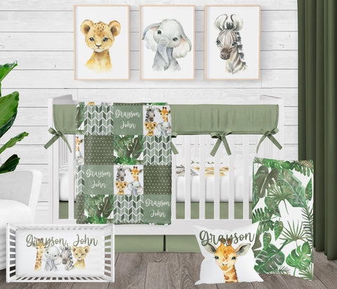 Sage Green Safari Nursery Crib Bedding Set for Baby Boy