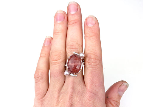 Cherry Quartz Ring with Pink Pearls