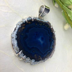 Round Blue Agate Slice Necklace Mettle by Abby