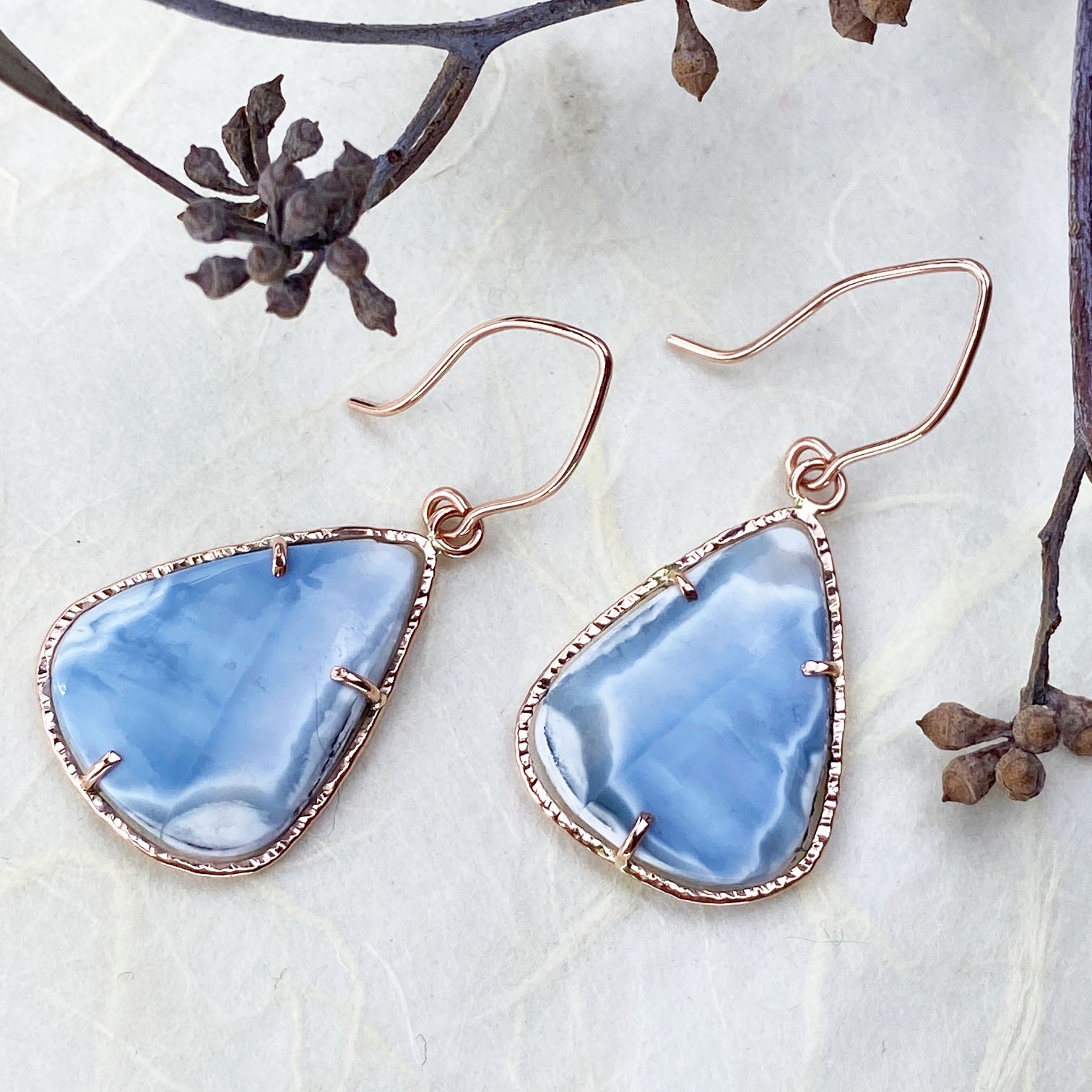 14K Rose Gold Halo Blue Opal Earrings