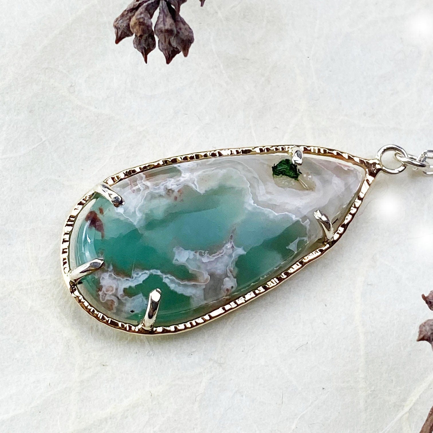 Yellow Gold Halo and Silver Chrysoprase Necklace