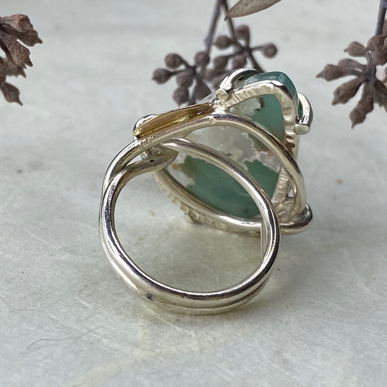 Yellow Gold and Silver Chrysoprase Leaf Ring