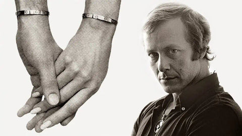 The designer, Aldo Cipullo, and the advertisement for Cartier Love bracelet