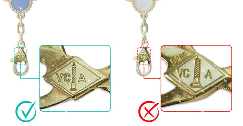 a comparison of the VCA logos on genuine and fake jewellery