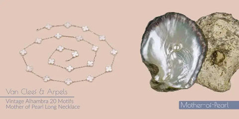 mother-of-pearl VCA Alhambra 20-motif necklace next to uncut mother-of-pearl