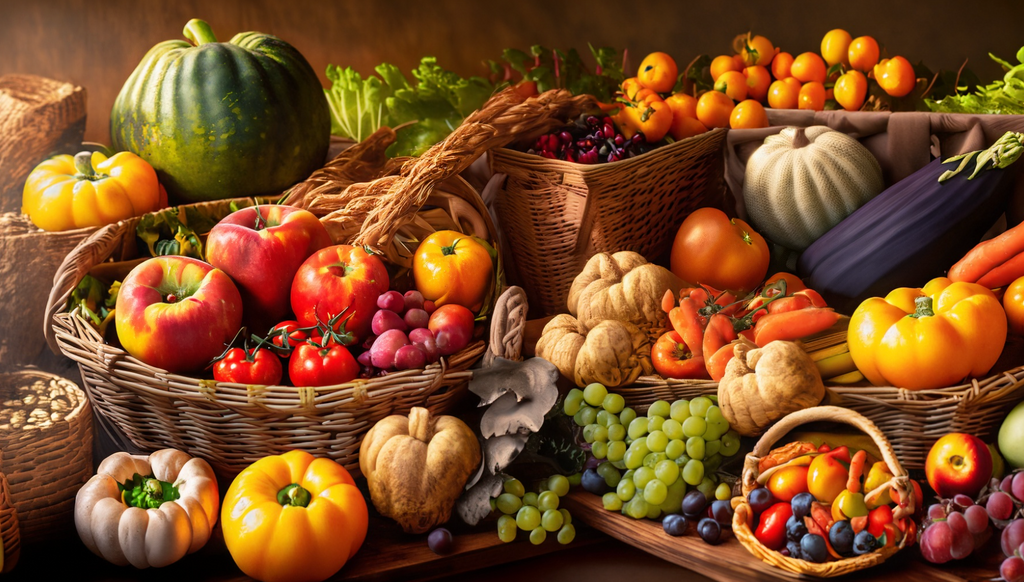 A bountiful harvest display with overflowing baskets of colorful fruits and vegetables, each item carefully arranged to showcase their unique shapes and textures, a rustic wooden table and backdrop