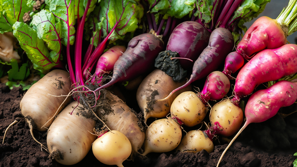 A bountiful harvest of fresh vegetables close up, revealing the intricate details of a variety of root vegetables, such as beets, turnips, and radishes, with soil still clinging to them, highlighting the earthiness of the scene