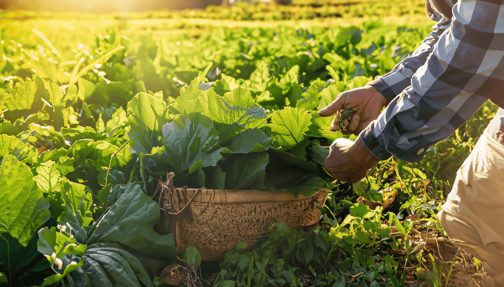 A farmer harvesting sawi vegetables from a lush green field, the sun shining brightly, casting a warm golden glow over the scene