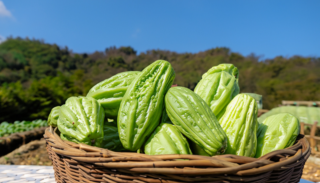 A pile of fresh choko vegetables arranged in a wicker basket on a sunny farm, with a clear blue sky in the background