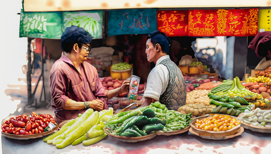 in a traditional Asian market, negotiating with a vegetable seller while standing in front of their stall