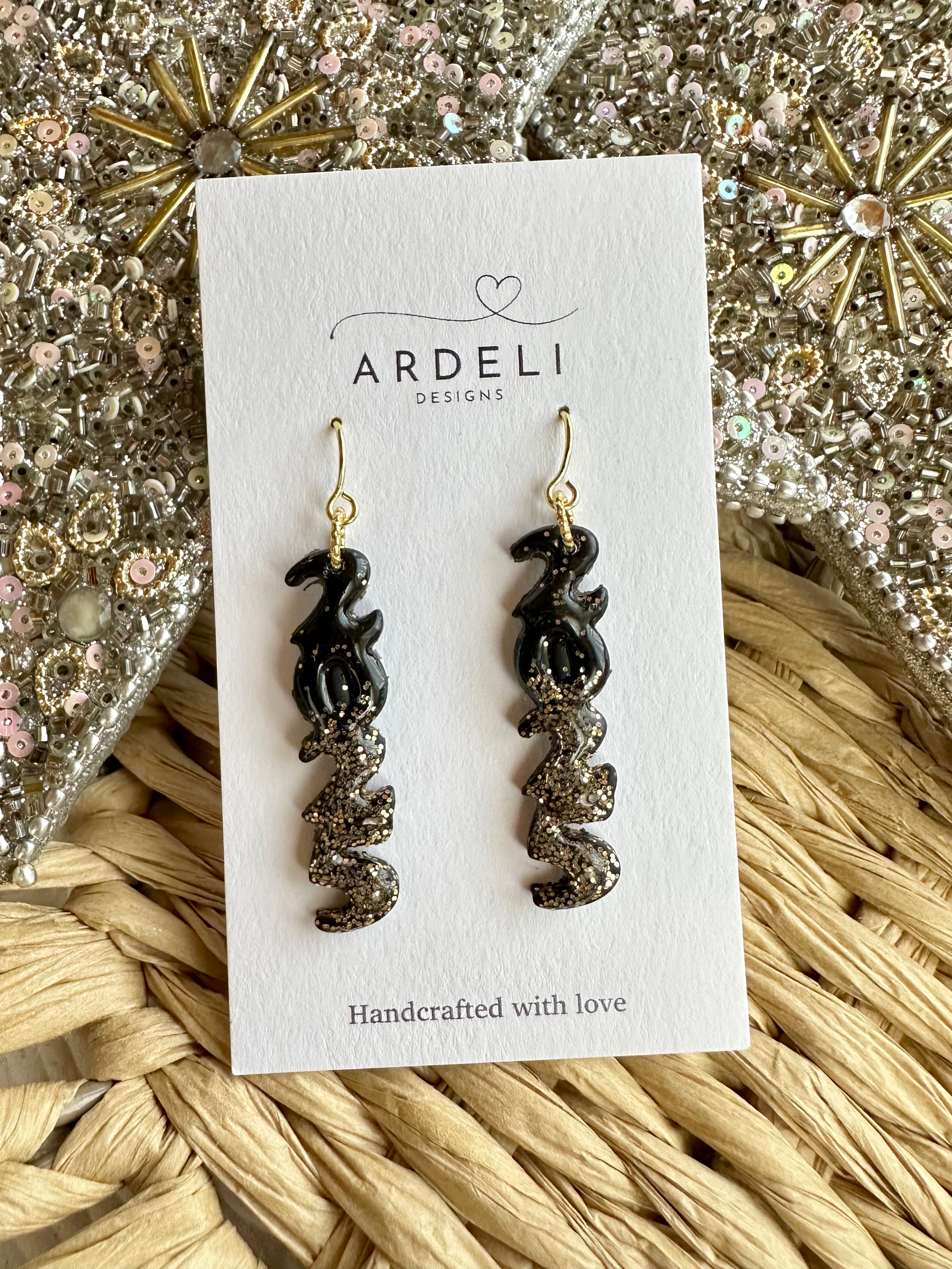 2025 Polymer Clay Black w/Gold Glitter Gold Hook Dangle Earrings