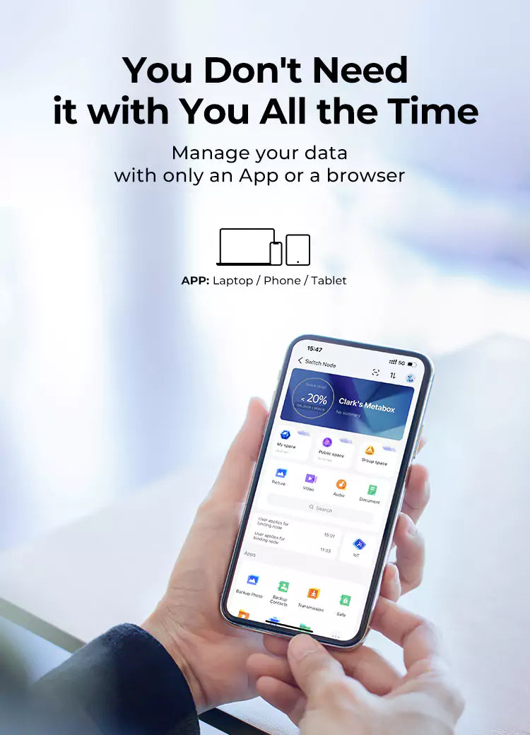 you don't need it with you all the time, manage your data with only an app or a browser