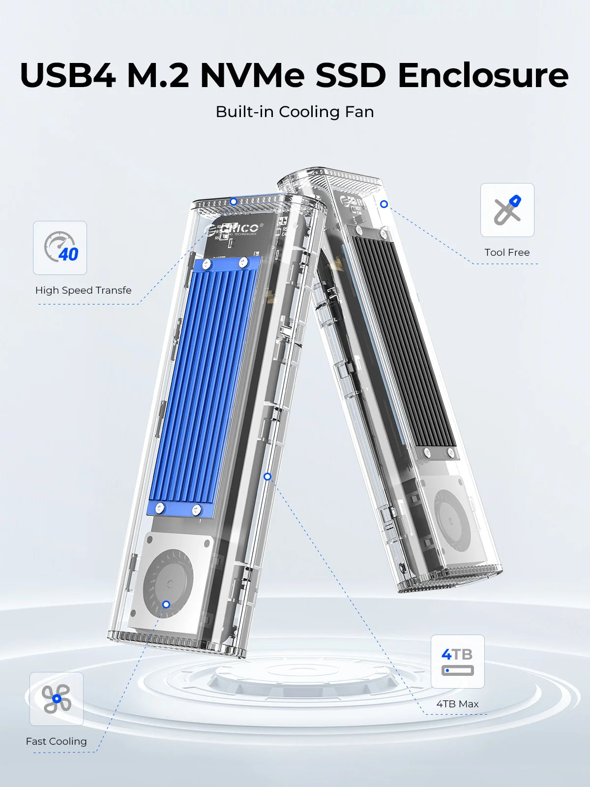 ORICO-Boîtier SSD M.2 avec ventilateur de refroidissement, 40Gbps,  compatible avec Thunderbolt 3, 4, USB