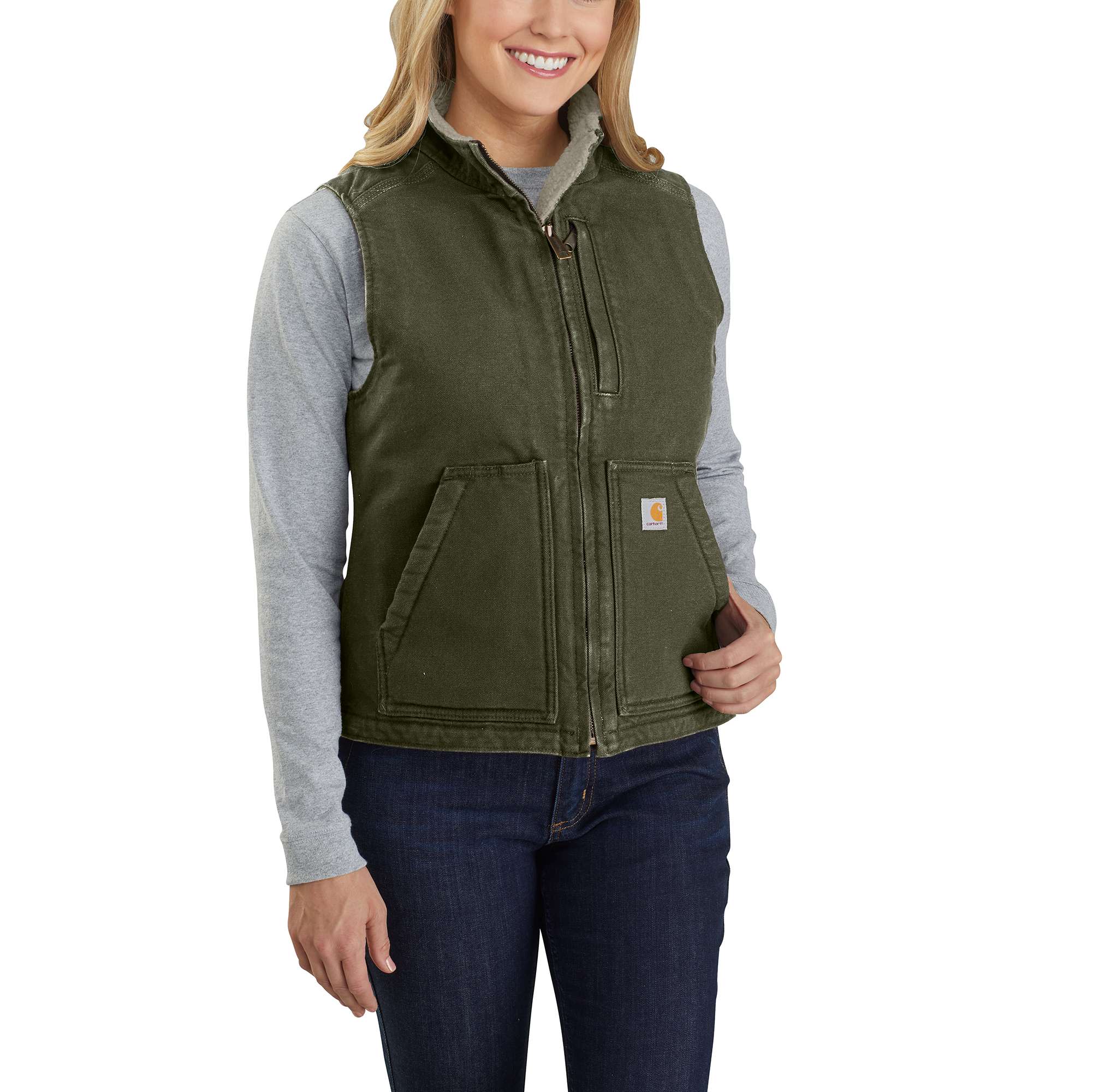 Women's Relaxed Fit Washed Duck Sherpa Lined Mock Neck Vest - Carhartt Reworked product image