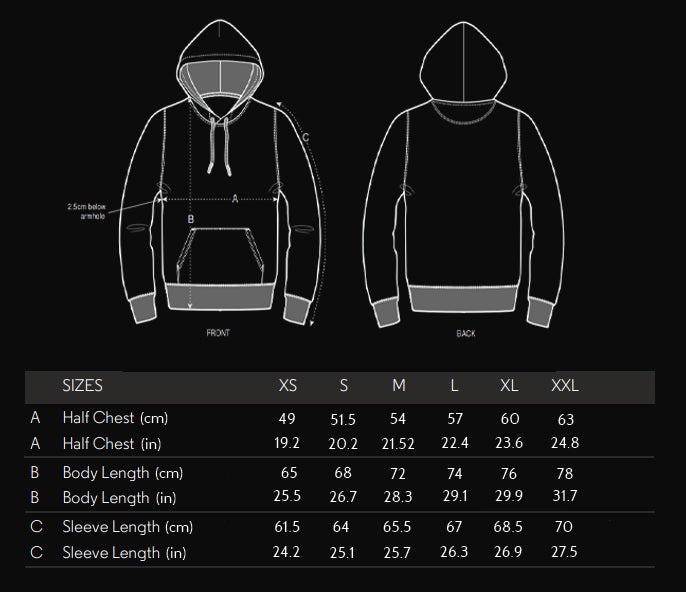 Product size guide for a Long Sleeve Hoodie by Bones & Sorrel