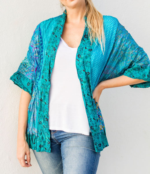 Turquoise Multi Vintage Silk Crinkled Kimono | Greensewn