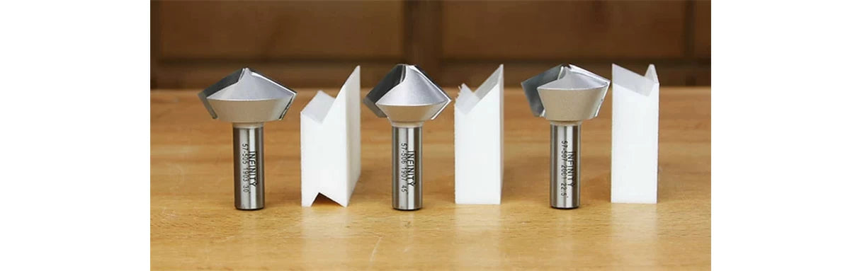 The Infinity Tools 3-Pc. Bird's Mouth Router Bit Set (00-570) includes all three router bits and all three setup blocks.