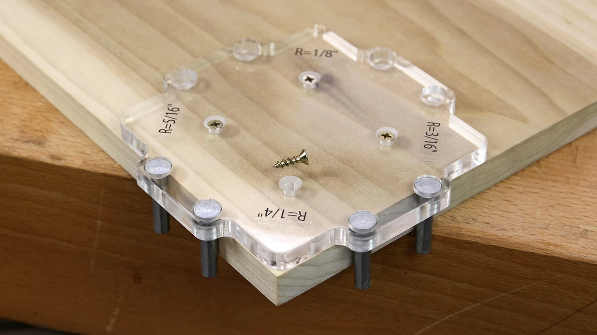 To secure the template in place, you can use the included wood screws.  This a rock-solid mounting option if you have access to the bottom of the workpiece where the holes won't be seen.