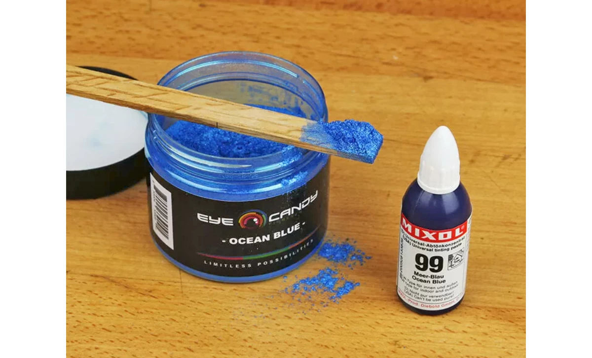 A little of either of these colorants goes a long way. A dab of Eye Candy or a drop of Mixol can easily color a quart of Epoxy. Adjusting how much you use will affect the finished look.