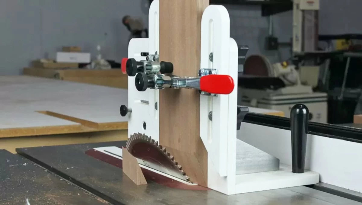 The Infinity Tools Vertical Router sled VRS-100 makes the tricky 22.5° cuts at the table saw a simple affair. and an 80 tooth super smooth blade 010-080 creates a clean splinter free cut.