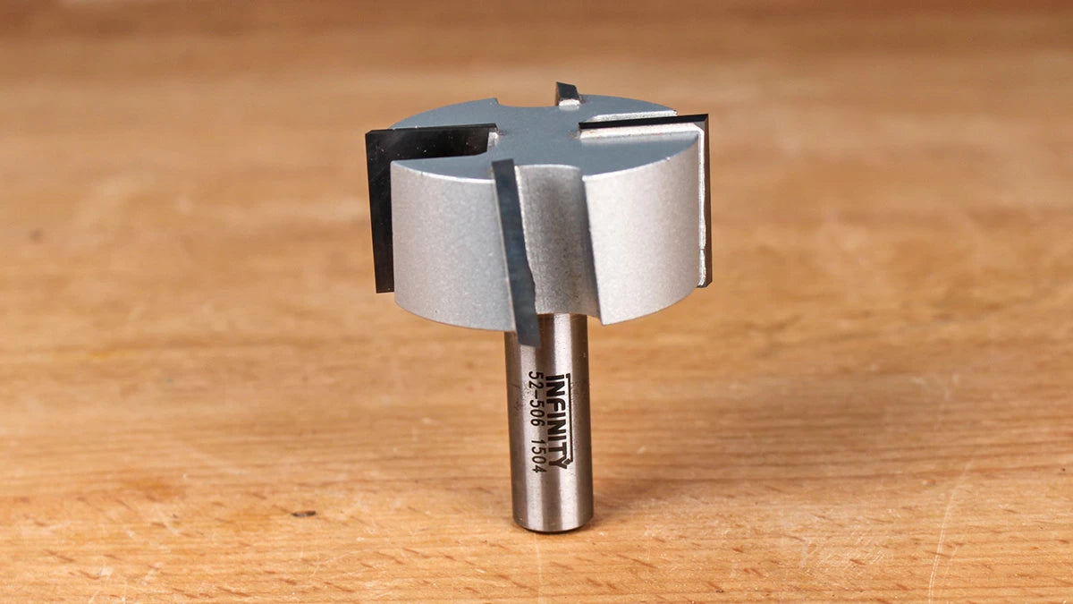 2 + 2 cutter geometry with aggressive shear angles and extra-thick carbide tips allow our new Mega Dado / Planer router bit to cut cleaner and for longer than the competition.