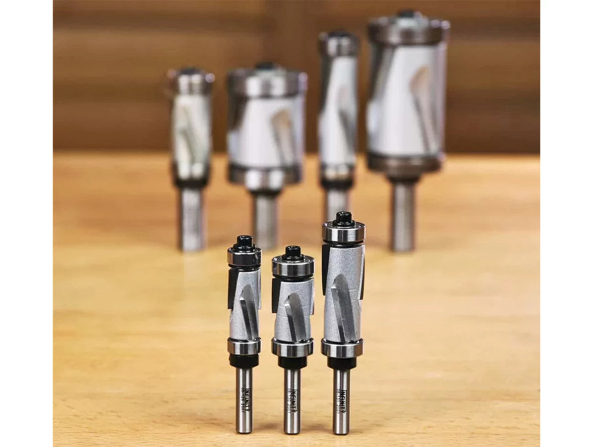 The mini-Mega Flush Trim Router Bits harness the power of the Mega router bit family and put it in a small form-factor for your compact or trim router.