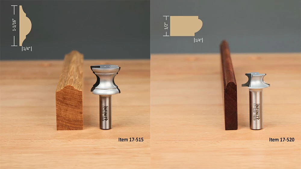 Individual moldings can be combined and stacked to create eye-catching complex profiles to projects. This profile was made with 17-520 (top), 17-555 (center), and 17-510 (bottom).