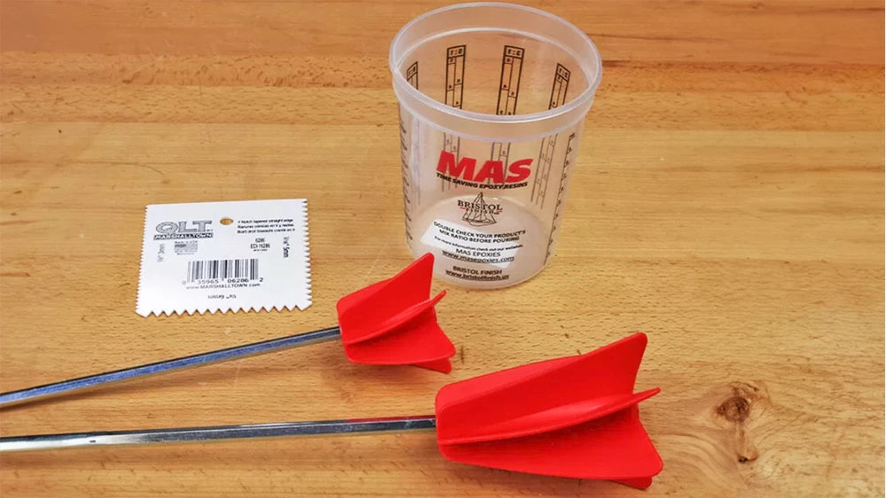 Proper mixing is essential for epoxy. Mixing cups help you get the right ratio, and helical mixers help you get the resin and hardener fully blended for perfect results. The handy V-notch Trowel is perfect for smoothly spreading Table Top Epoxy. 