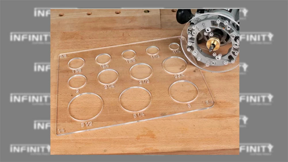 Guide bushings allow you to follow patterns and templates like our Circle and Radius Cutting Template CIR-001.