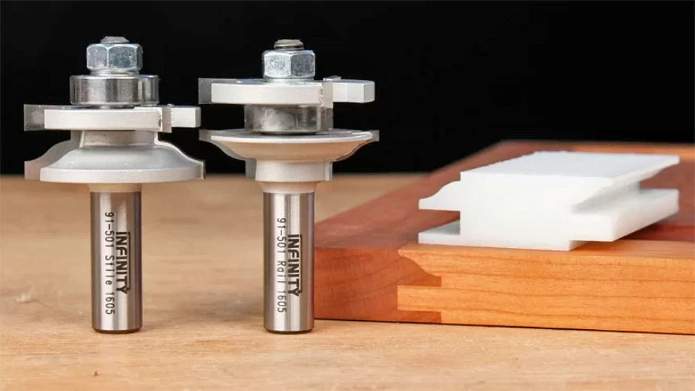 Every 3-pc. Cabinet Door Router Bit Set includes a pair of matched rail and stile bits to make the cabinet door frame.